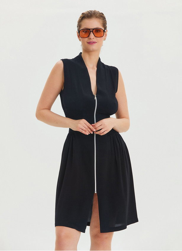 Black Summer Dress with Stand Collar and Zipper Detail 4442